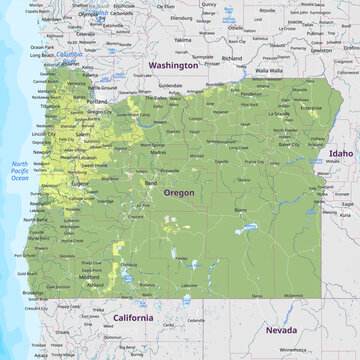 Physical political map of Oregon, United States