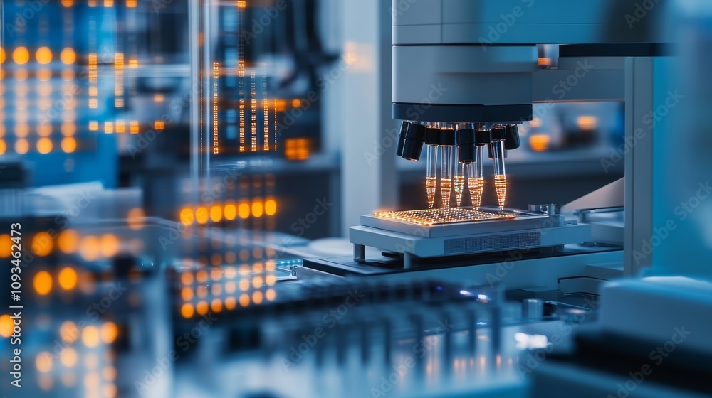 Poster advanced dna sequencing machine at work in a sterile laboratory environment with glowing digital dis