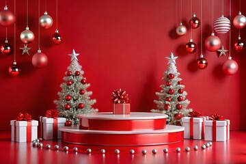 Christmas podium with festive ornaments on a solid red background