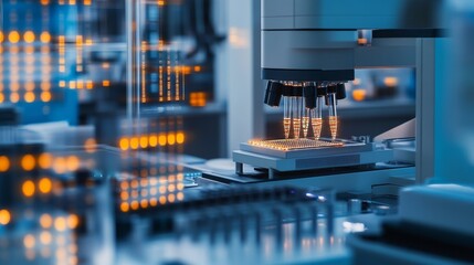 Advanced DNA Sequencing Machine at Work in a Sterile Laboratory Environment with Glowing Digital Displays and High-Tech Equipment