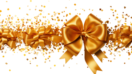 Golden confetti mixed with shiny gold ribbons falls, creating an elegant celebration, isolated on transparent background.