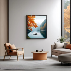 Serene autumn landscape reflection modern living room wall art cozy environment inviting viewpoint nature concept for home decor and tranquility