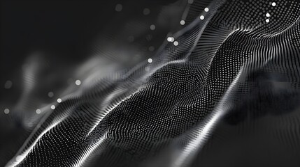 Abstract Black and White Wave Pattern with Dots and Light Effects Creating a Futuristic and Dynamic Visual Experience in a Digital Landscape