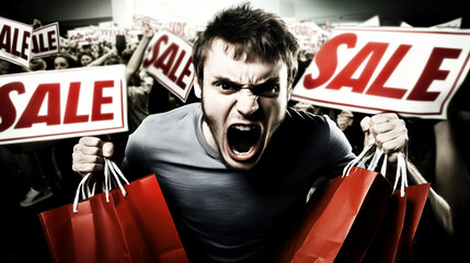 Emotional shopper in a dramatic scene of chaos, surrounded by Black Friday sales, reflecting the madness and overconsumption of holiday retail traditions