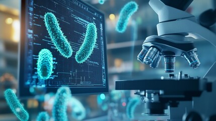 Advanced Microscope Displaying Genetically Engineered Bacteria Under High Magnification with Digital Interface and Sci-Fi Elements in a Laboratory Setting