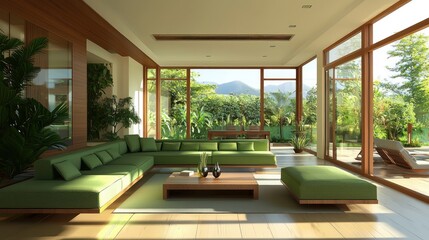 Fototapeta premium Modern interior design with spacious lounge seating in green, complemented by wooden accents and large windows. The inviting atmosphere encourages relaxation and serenity.