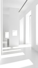 Obraz premium Contemporary Minimalist Interior Design Featuring Bright White Walls and Large Windows Showcasing Natural Light in a Spacious Artistic Environment