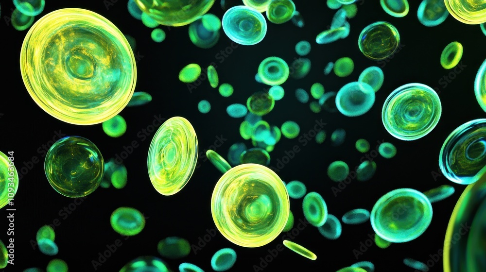Poster glowing green cells floating in darkness