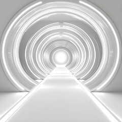 Fototapeta premium Bright Circular Tunnel with Glowing White Lights and Smooth Pathway Leading to a Radiant Source in a Modern Futuristic Environment