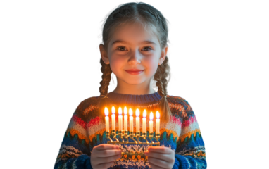Young Girl Wearing a Hanukkah Sweater Holding a Festive Gift Box Isolated on Transparent Background PNG