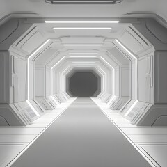 Fototapeta premium Futuristic corridor with sleek white walls and soft ambient lighting, showcasing a clean, modern design perfect for science fiction scenes or architectural concepts.
