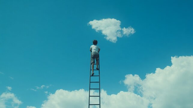 A Person Climbing a Ladder Towards the Clouds in a Clear Blue Sky, Representing Dreams and Aspirations of Reaching for the Infinite Heights Above