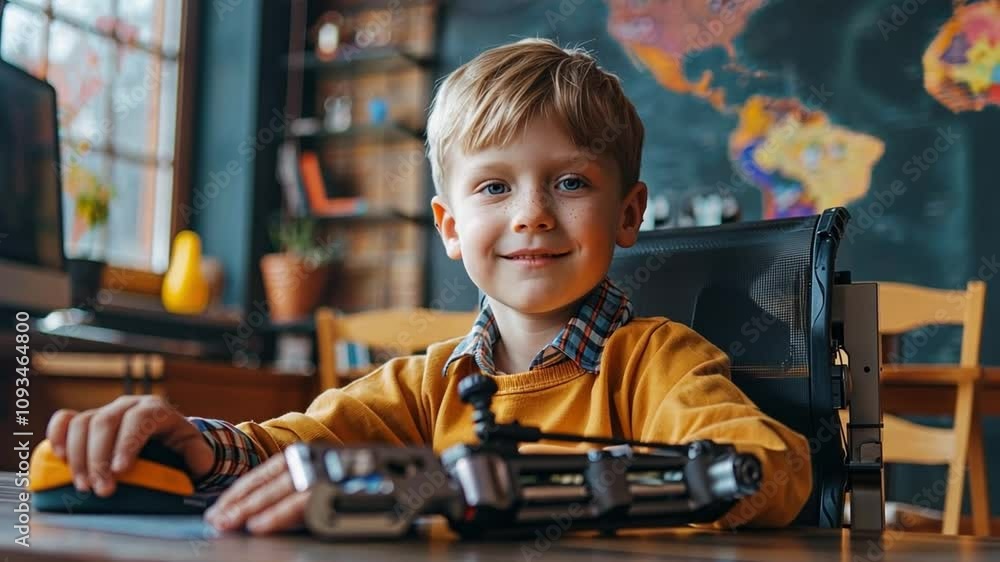 Aufkleber a young boy sits at a workspace, grinning as he engages with a robotic kit. the bright room features