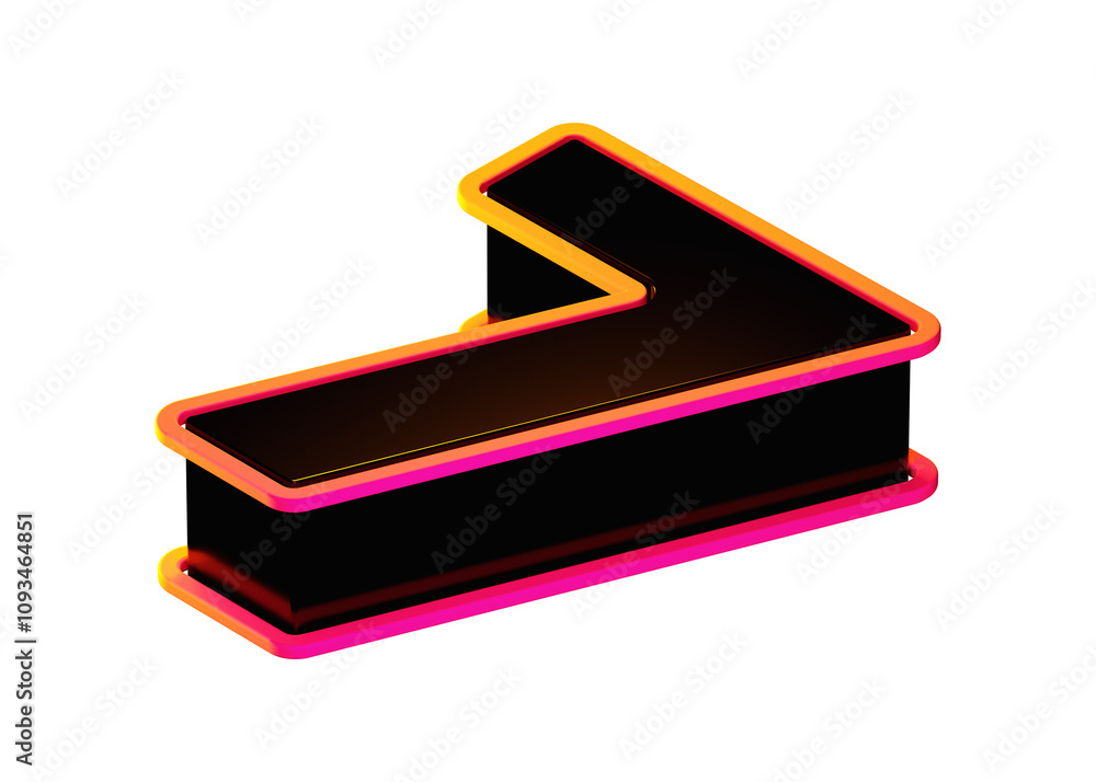 Poster isometric 3d number 7 in black with fluo orange-pink outline. lying down 3d rendering font suitable 