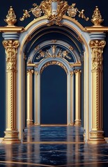Obraz premium An arched structure with a dark blue background and golden decorations