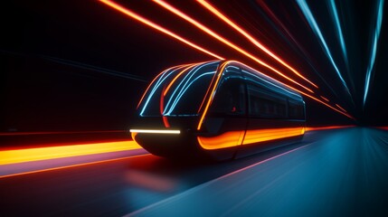 Fototapeta premium High-speed futuristic train navigates through a vibrant tunnel with glowing lights