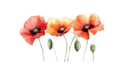 Fototapeta premium Watercolor Painting of Three Red Poppies and Buds