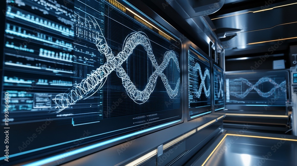 Poster 3d visualization of dna structures on digital screens in a modern laboratory with high-tech displays