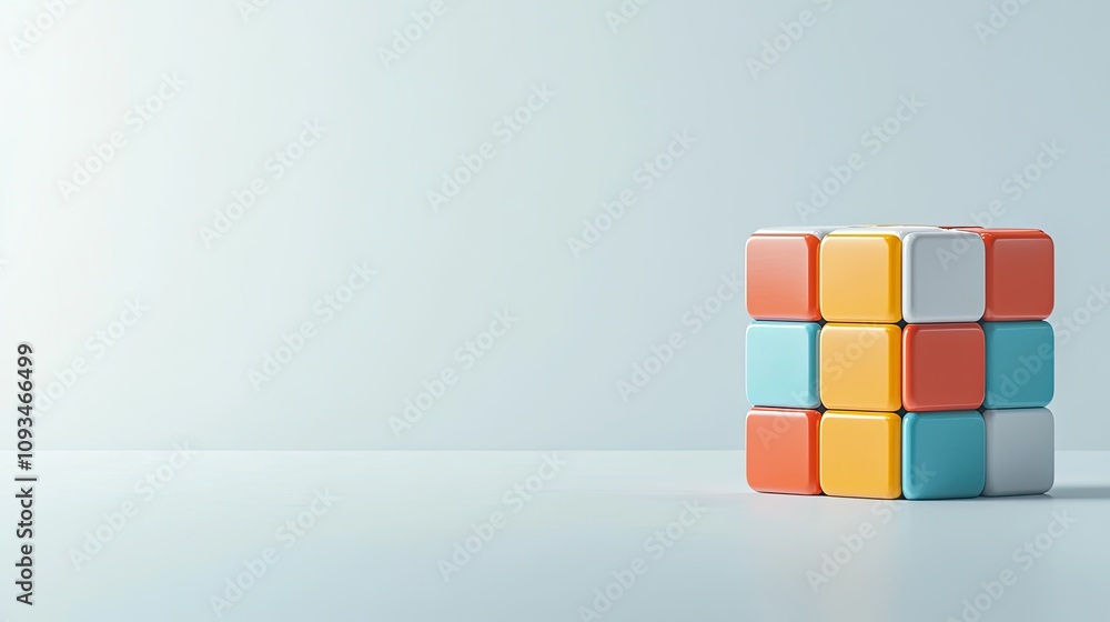 Poster colorful cubes arranged in a playful manner on a minimalist background, conveying concepts of creati