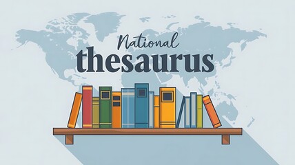 Naklejka premium Minimalist Illustration of Books on Wooden Shelf with World Map Background for National Thesaurus Day