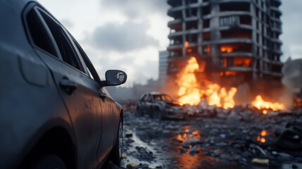 Destruction unfolds as buildings burn amidst the chaos of urban conflict in a war-torn city