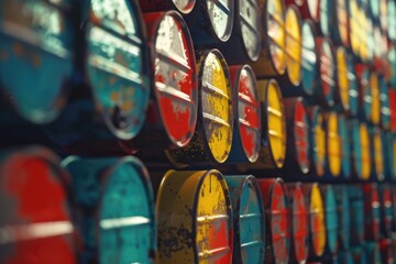 Fototapeta premium Stacked oil barrels and chemical drums in industry setting.