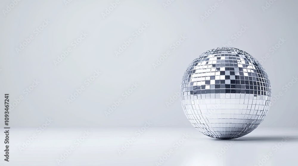 Poster reflective disco ball on minimalistic surface, capturing light and creating dynamic patterns in a mo