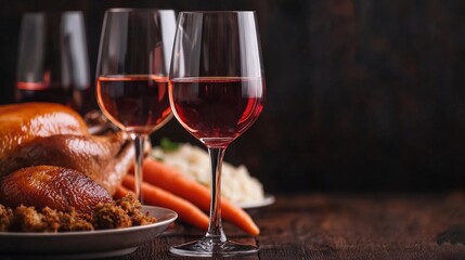 Roasted turkey, mashed potatoes, carrots, and rose wine on a rustic wooden table.