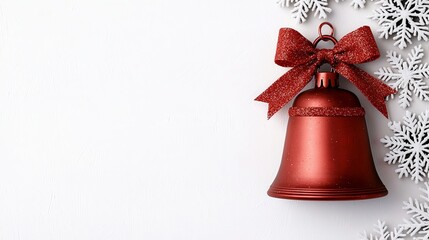 Red bell ornament with bow and snowflakes on white background.