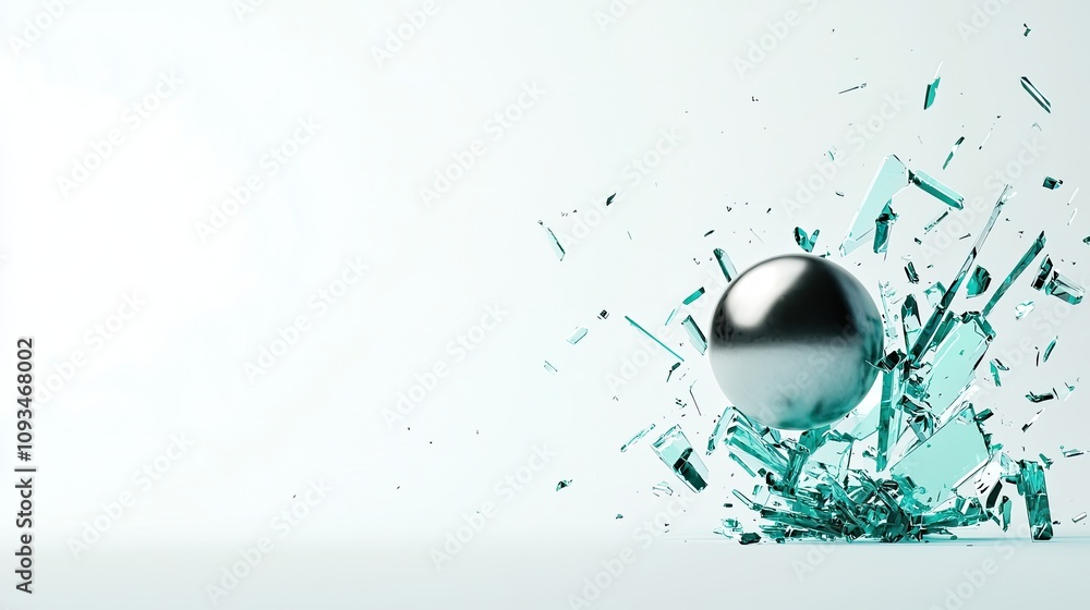 Poster a shiny metal sphere crashing through shattered glass fragments on a light background, creating dyna