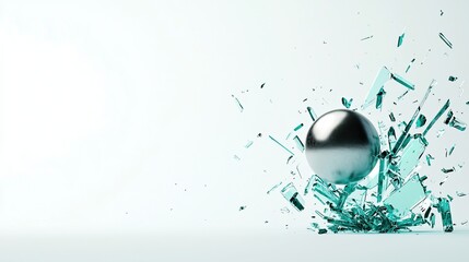 A Shiny Metal Sphere Crashing Through Shattered Glass Fragments on a Light Background, Creating Dynamic and Captivating Visual Impact for Modern Designs