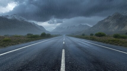 A dramatic view of an asphalt road leading to mountains under stormy clouds.

