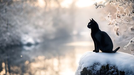 8 A sleek black cat standing on a snow-covered rock overlooking a frozen lake surrounded by frosty trees
