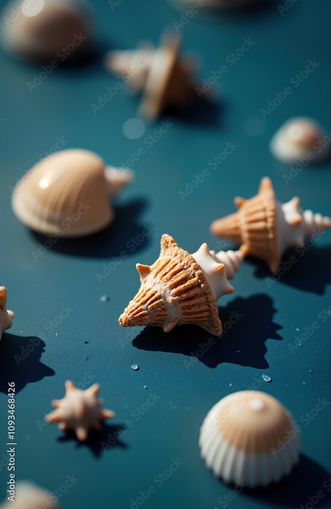 Poster close-up seashells on teal background. underwater shadows create unique patterns. natural light high