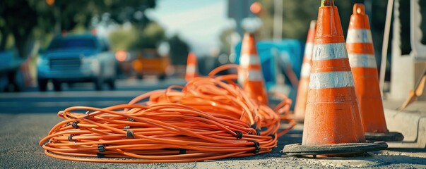 Orange cables and reflective cones at a roadside construction site.