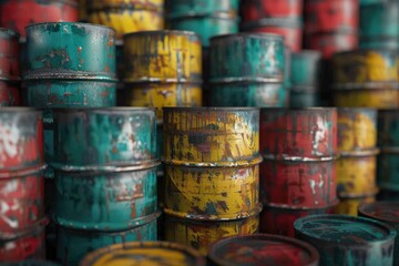 Colorful metal oil barrels stacked for background texture.