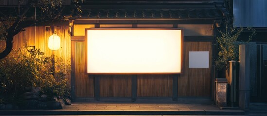Illuminated Blank Billboard on a Tranquil Japanese Street at Night