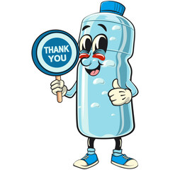 water plastic bottle cartoon mascot character carrying a sign saying thank you, vector illustration isolated, work of hand drawn