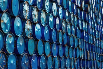 Stacked blue oil barrels and chemical drums.