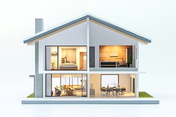 Cross-section house interior with warm lights.