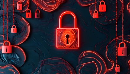 Vivid red padlocks suspended on chains against a dark textured background, symbolizing security and data protection, concept of privacy and safe networks, world password day