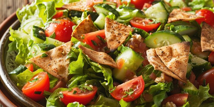 Fattoush, a refreshing Lebanese salad made with crisp lettuce, juicy tomatoes, crunchy cucumbers, and tangy sumac-seasoned pita chips, all tossed in a zesty lemon vinaigrette