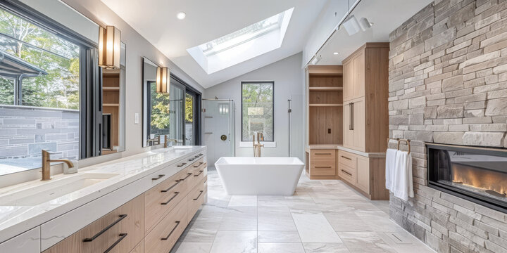 A modern bathroom with light grey ceramic tiles, a large skylight above the bathtub and an island sink on one side. 