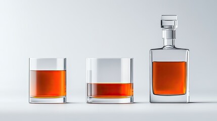 Elegant Display of Three Glasses Containing Rich Amber Liquid on a Light Background Ideal for Beverage, Drink, and Bar Photography