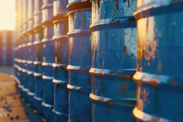 Vertical stack of oil barrels and chemical drums in sunlight.