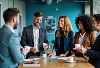 Business team meeting around table. People in formal wear. Informal conversation with happy emotions. Modern office interior. Collaborative work session. Successful people enjoying coffee break.