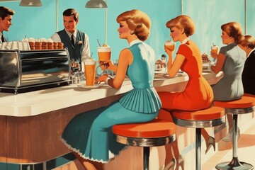 Retro coffee shop scene friends enjoying milkshakes, pastries. 1960s style mod clothing. Friends wear fashionable attire. Art illustration style poster. Coffee shop setting with counter, stools.