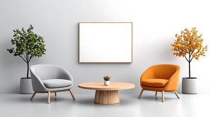 Modern living room setup featuring stylish chairs and decorative trees bright and minimalist aesthetic indoor design inspiration contemporary home decor