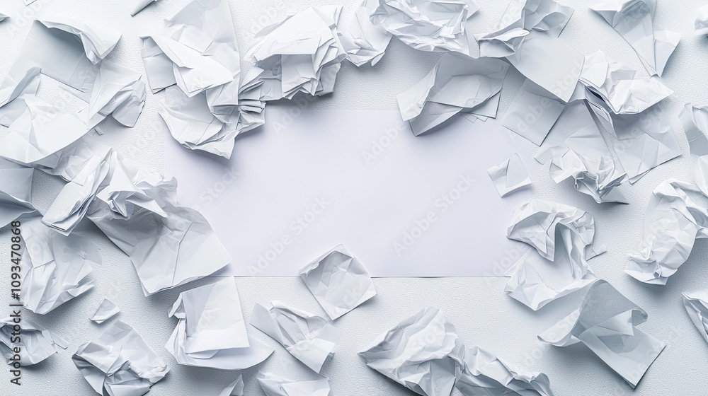 Poster white crumpled paper on a table surrounded by discarded notes and sheets, providing a blank space fo