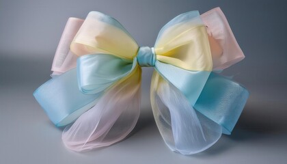Elegant pastel colored organza bow with soft blue, pink, and yellow hues, perfect for gift wrapping, party decorations, or feminine hair accessories, symbolizing charm, celebration, and creativity